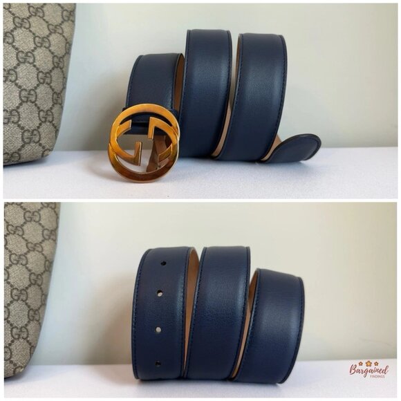 Authentic Gucci Blue Leather Gold Interlocking G Buckle Belt 85/34 - Picture 6 of 13